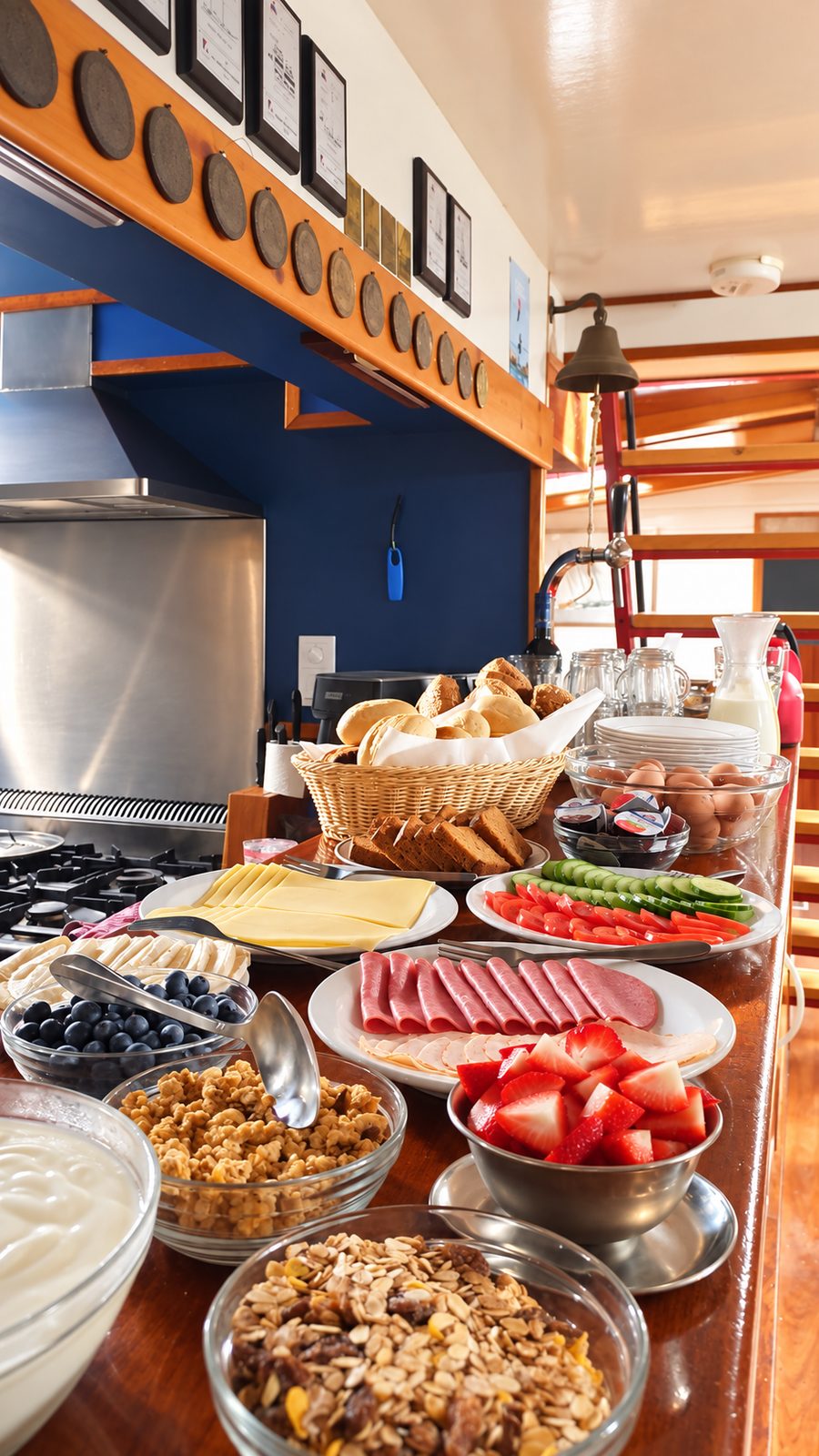 Ontbijtbuffet aan boord met brood, fruit, yoghurt en kaas