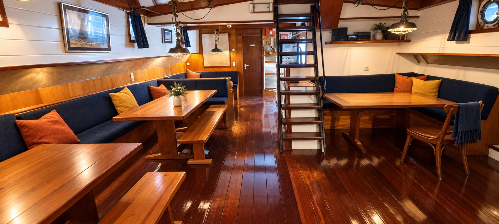 De warme salon met lange tafels